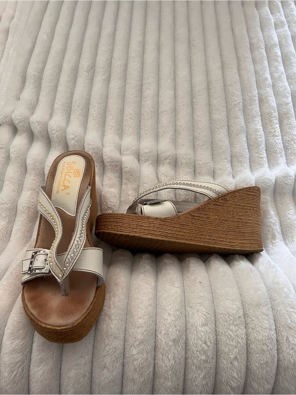 Sbicca White and Tan Rhinestone Wedge Sandals